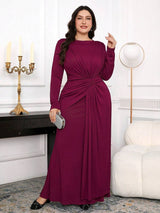 SHEIN Modelyn فستان عنابي طويل الأكمام مجعّد الخصر للمقاسات الكبيرة