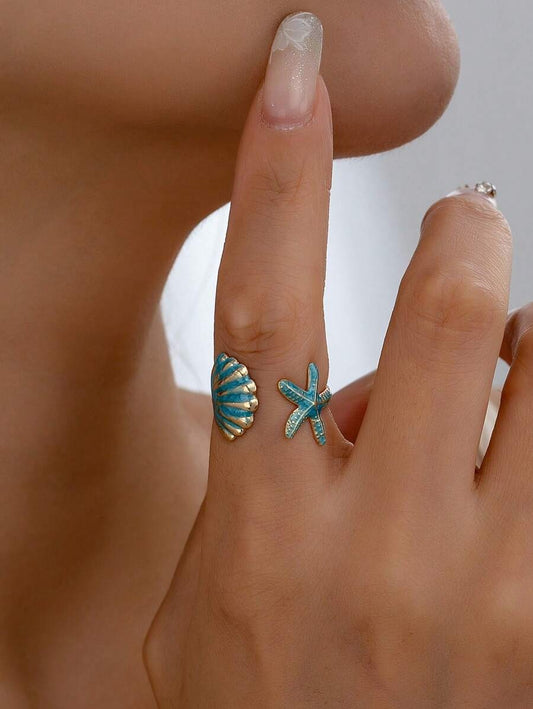 SHEIN خاتم مزخرف بأصداف ونجمة بحر يدوي
