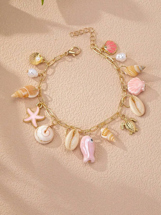 SHEIN سوار بتعليقة نجمة البحر والصدف بطراز الشاطئ للنساء