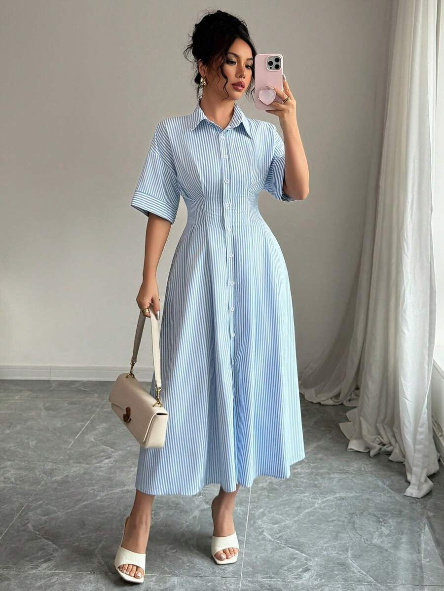 SHEIN فستان قميص أزرق بخطوط وياقة ورباط خصر
