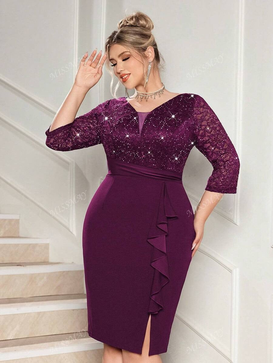 SHEIN فستان سهرة بلون كستنائي بترتر وتطريز