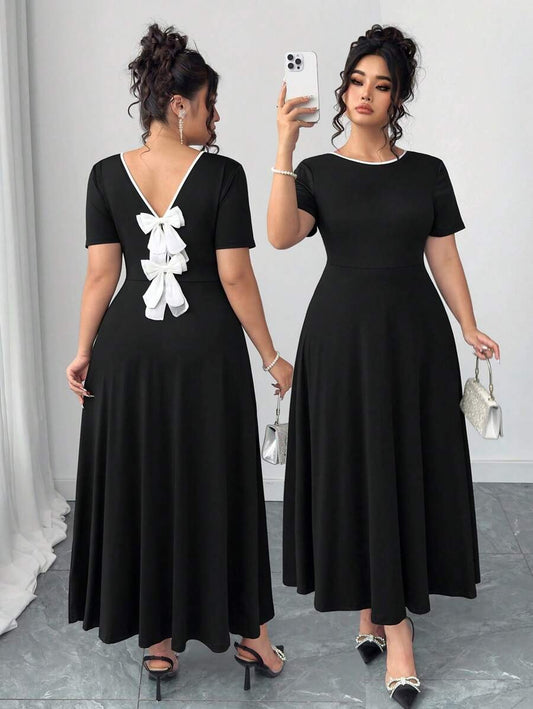 SHEIN Elenzga فستان أسود أنيق بقصة فرنسية ربطة فراشة