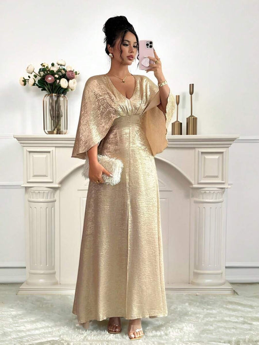 SHEIN فستان سهرة ذهبي بفتحة أمامية وظهر مكشوف