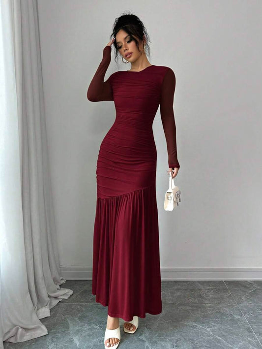 SHEIN Firerie فستان عنابي بأكمام طويلة وياقة دائرية