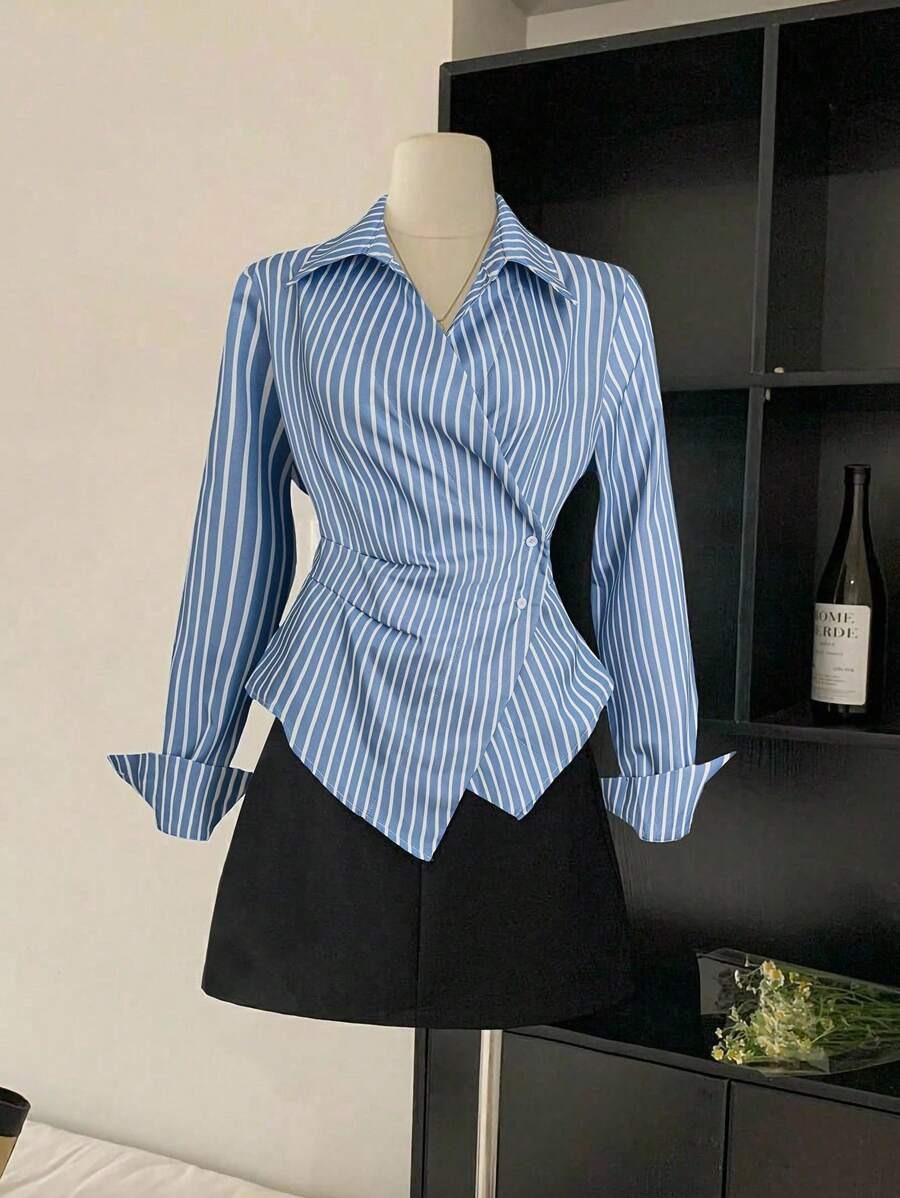 SHEIN Franclia بلوزة نسائية طويلة الأكمام بخطوط تنحّف الخصر