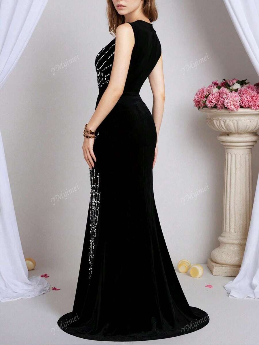 SHEIN YMyimei فستان أسود طويل خرز لامع بدون أكمام