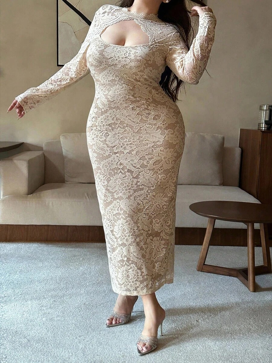 SHEIN Vibekara فستان أنيق مشمشي بحزام ودانتيل