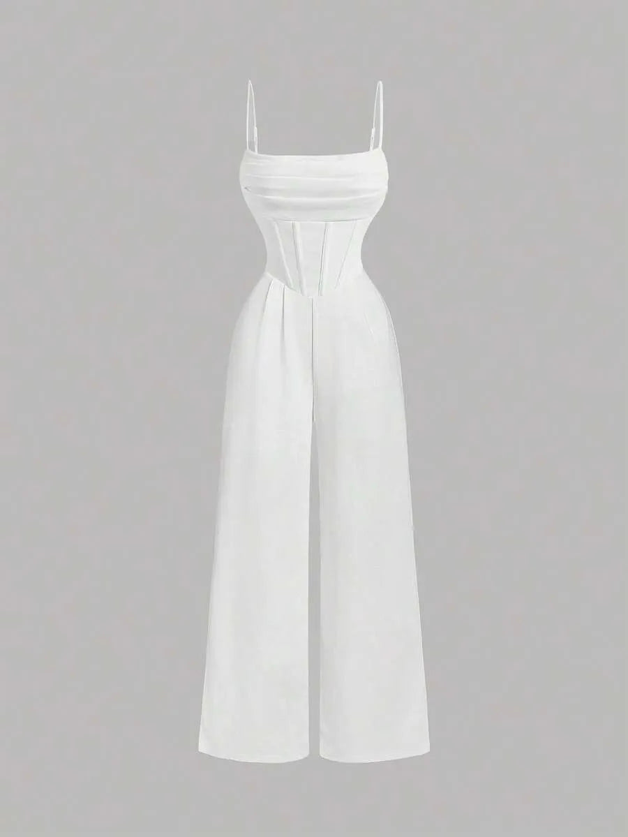 SHEIN جمبسوت أبيض بتصميم بوستييه وسروال واسع