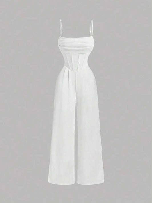 SHEIN جمبسوت أبيض بتصميم بوستييه وسروال واسع
