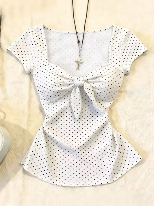 SHEIN IslaSuriya قميص  نسائي بطبعة نقاط وربطة أمامية