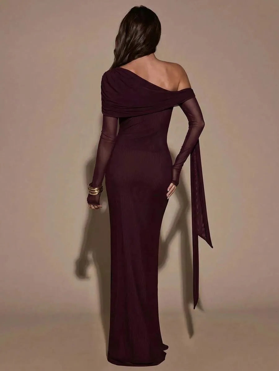 SHEIN BAE فستان نسائي عنابي سادة بكتف واحد وأكمام طويلة بتصميم حورية البحر