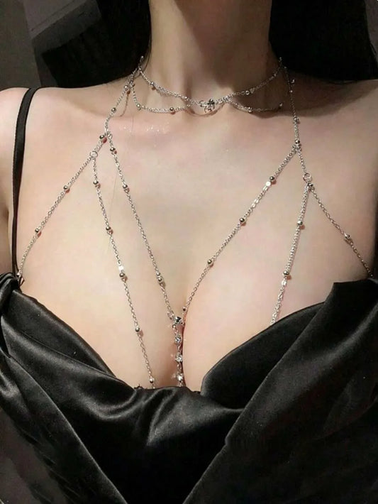 SHEIN سلسلتان للجسم مرصعتان بالراينستون والخرز للنساء