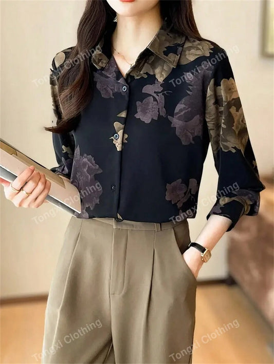 SHEIN بلوزة نسائية بطبعة زهور وأكمام طويلة بتصميم كاجوال