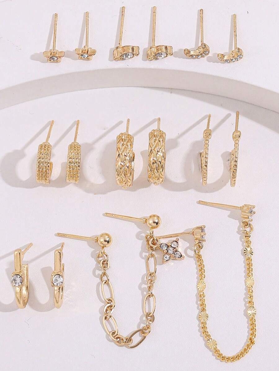 SHEIN طقم 9 أزواج أقراط مرصعة بالكريستال لون ذهبي