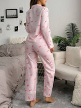 SHEIN SweetSlumber طقم بيجامة بأكمام طويلة وطبعة فيونكة