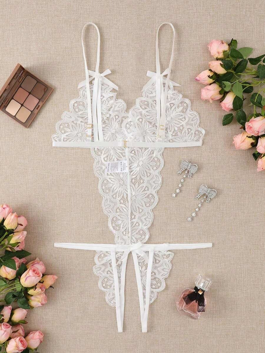 SHEIN بدلة لانجري بتطريز شفاف لون أبيض