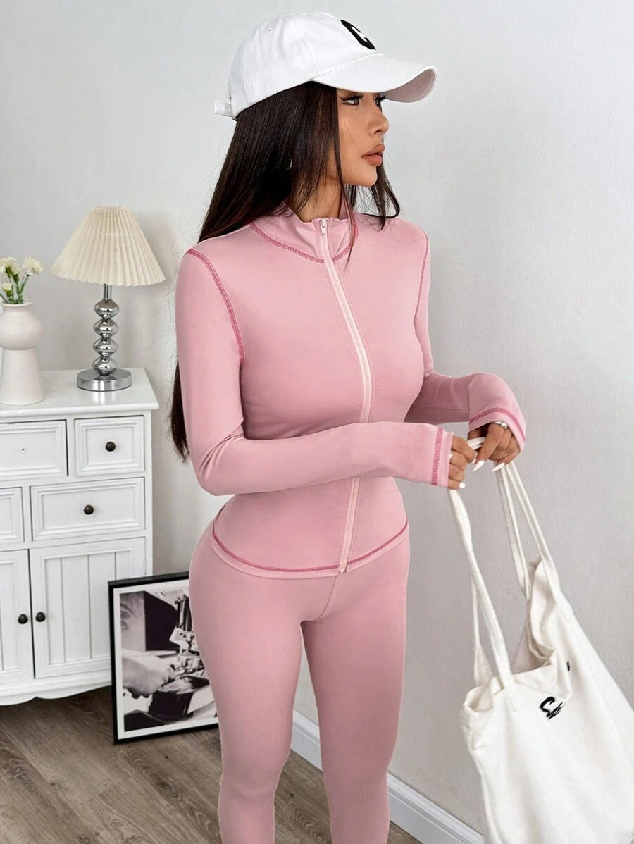 SHEIN EZwear طقم رياضي وردي جاكيت مع سروال ضيق
