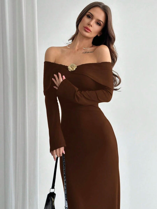 SHEIN Firerie فستان ضيق وأنيق بلون بني