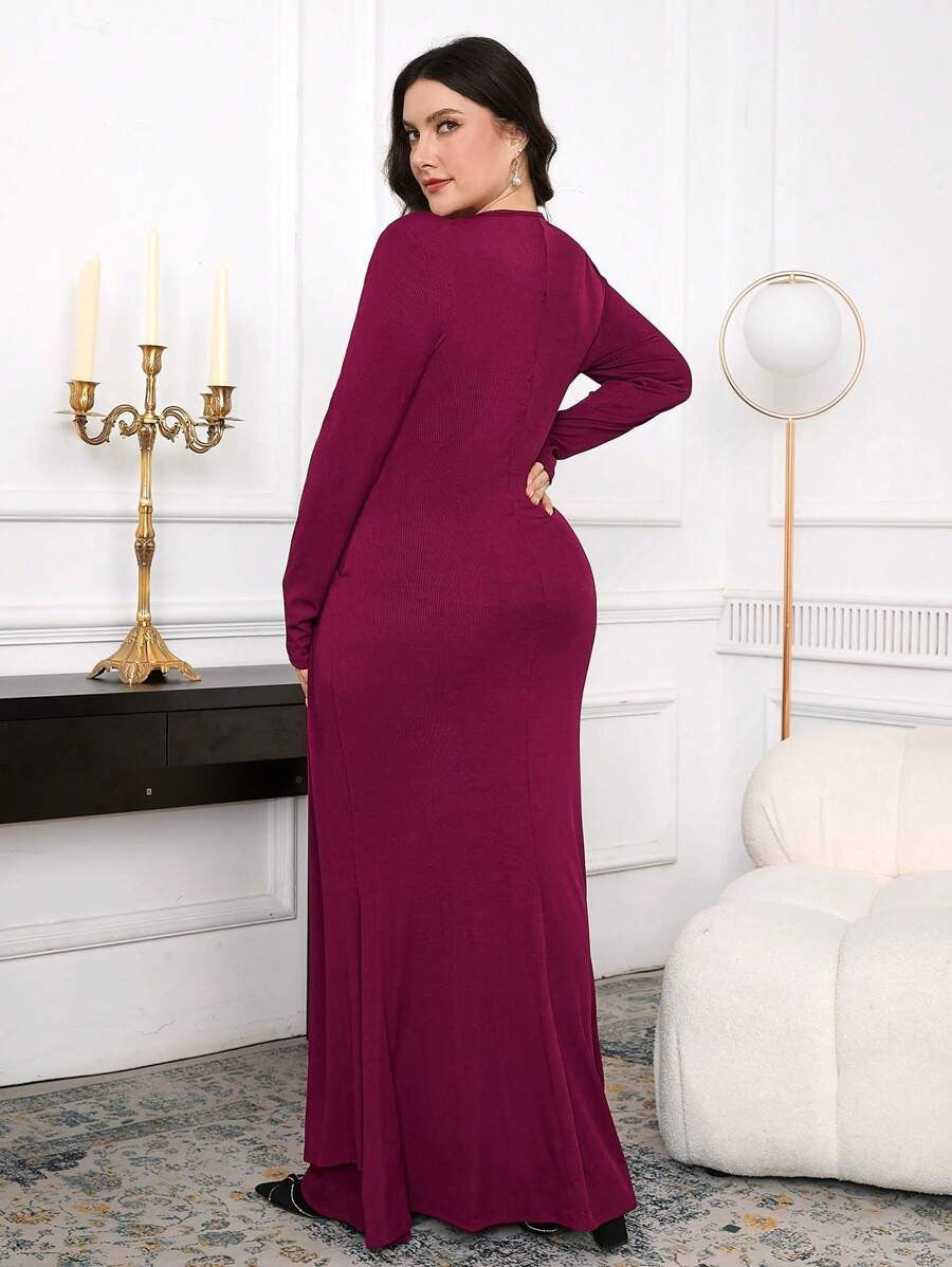 SHEIN Modelyn فستان عنابي طويل الأكمام مجعّد الخصر للمقاسات الكبيرة