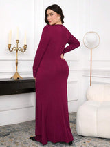 SHEIN Modelyn فستان عنابي طويل الأكمام مجعّد الخصر للمقاسات الكبيرة