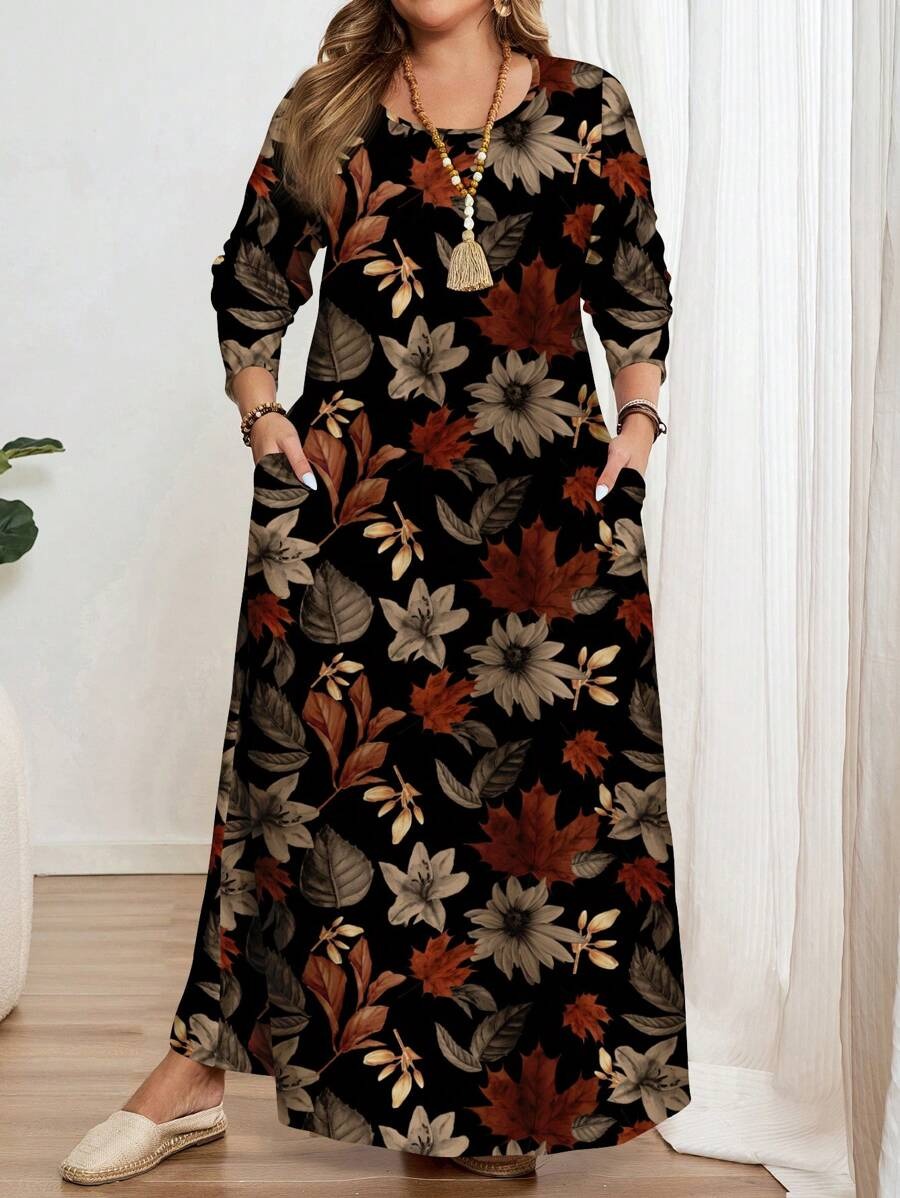 SHEIN فستان بطبعة أوراق خريف بأكمام طويلة وجيوب