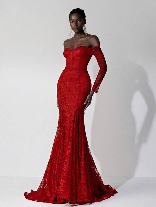 SHEIN فستان زفاف ماكسي أحمر دانتيل بأكمام طويلة وظهر مفتوح