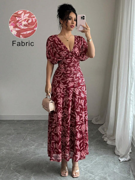SHEIN Elenzga فستان بطبعة رخام وياقة وأكمام واسعة لون عنابي