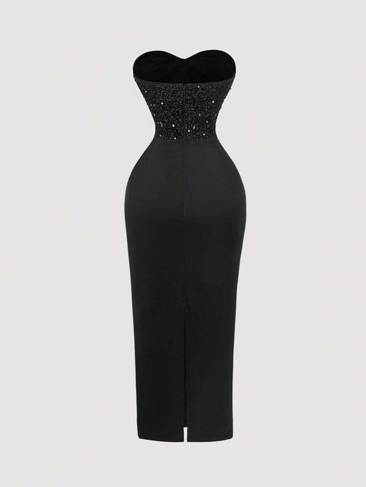 SHEIN MOD فستان سهرة أسود طويل من الترتر اللامع