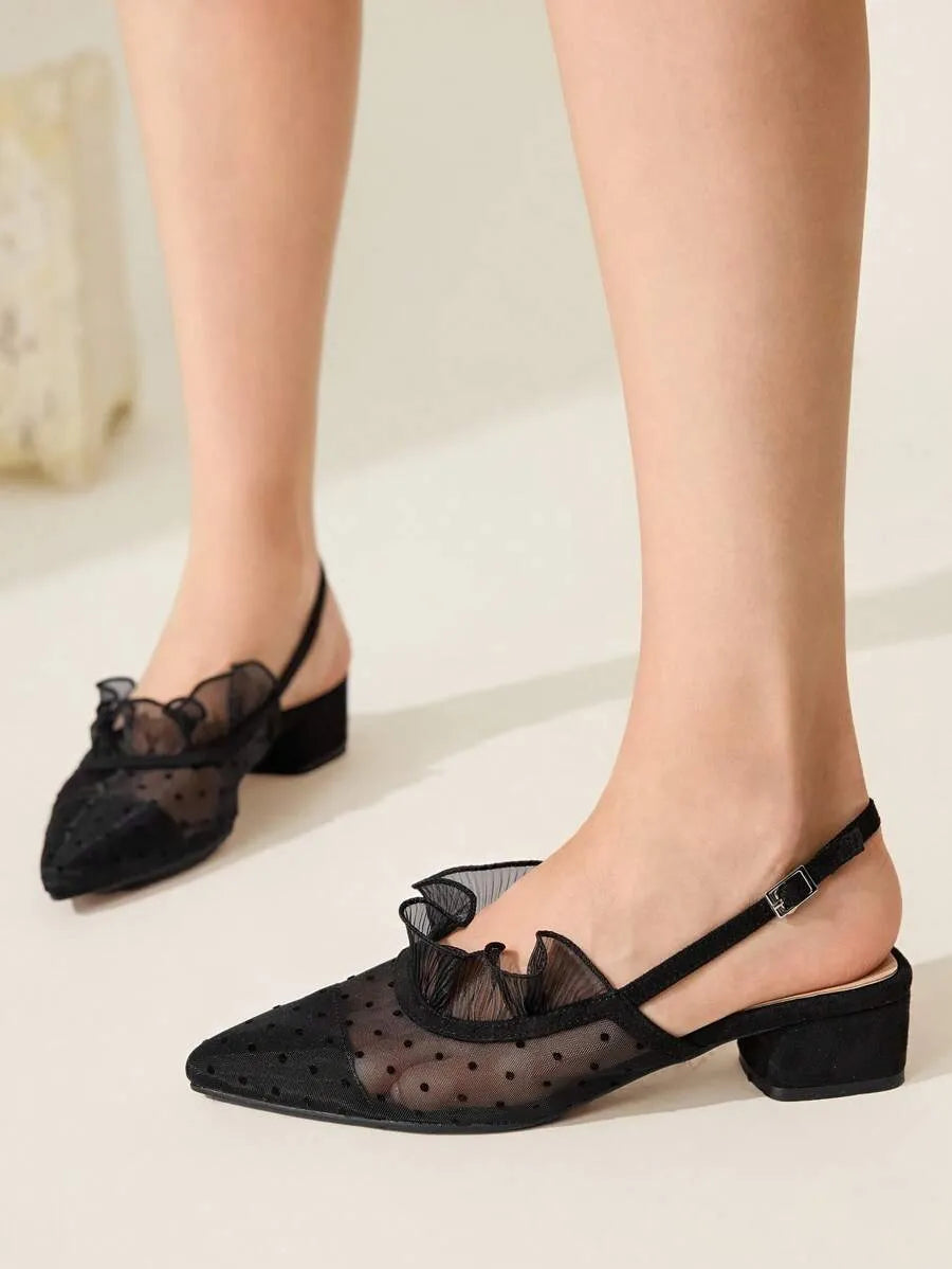 SHEIN CUCCOO CHICEST أحذية باليه نسائية سوداء شبكية بكعب منخفض