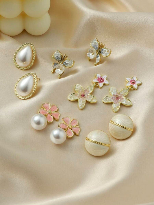 SHEIN طقم 5 قطع أقراط عصرية أنيقة بزخارف فراشات وكريستال ولؤلؤ