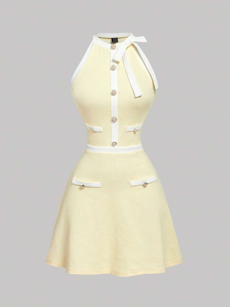 SHEIN فستان أصفر قصير بدون أكمام بتفاصيل أزرار ورباط