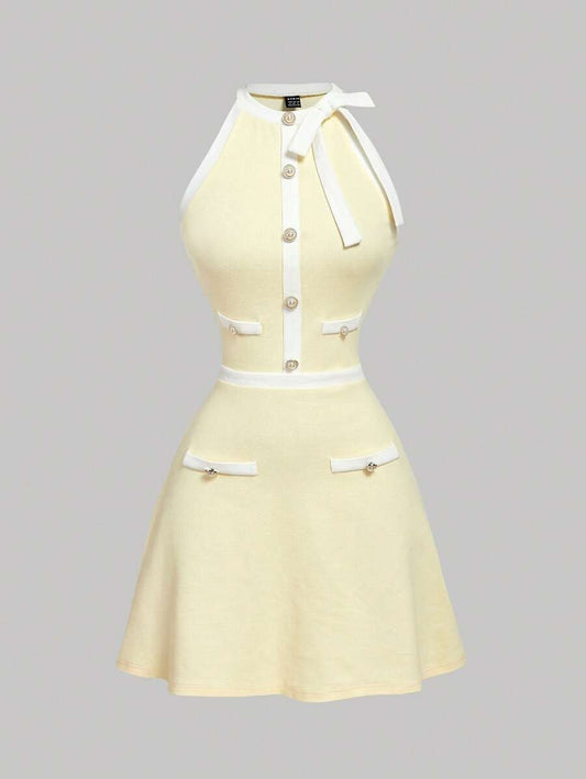 SHEIN فستان أصفر قصير بدون أكمام بتفاصيل أزرار ورباط