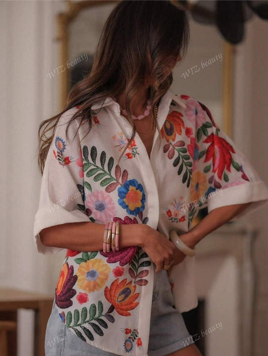SHEIN بلوزة نسائية طويلة بخامة خفيفة وأكمام خفافيش بطبعة زهور