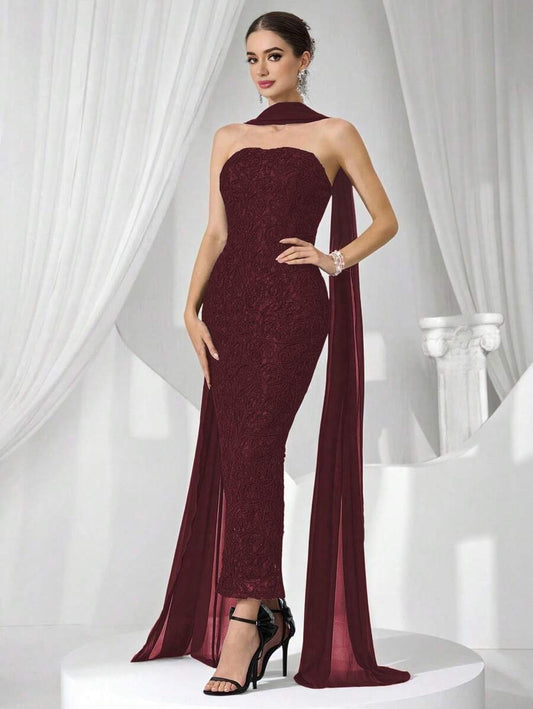 SHEIN فستان سهرة فاخر بلون عنابي
