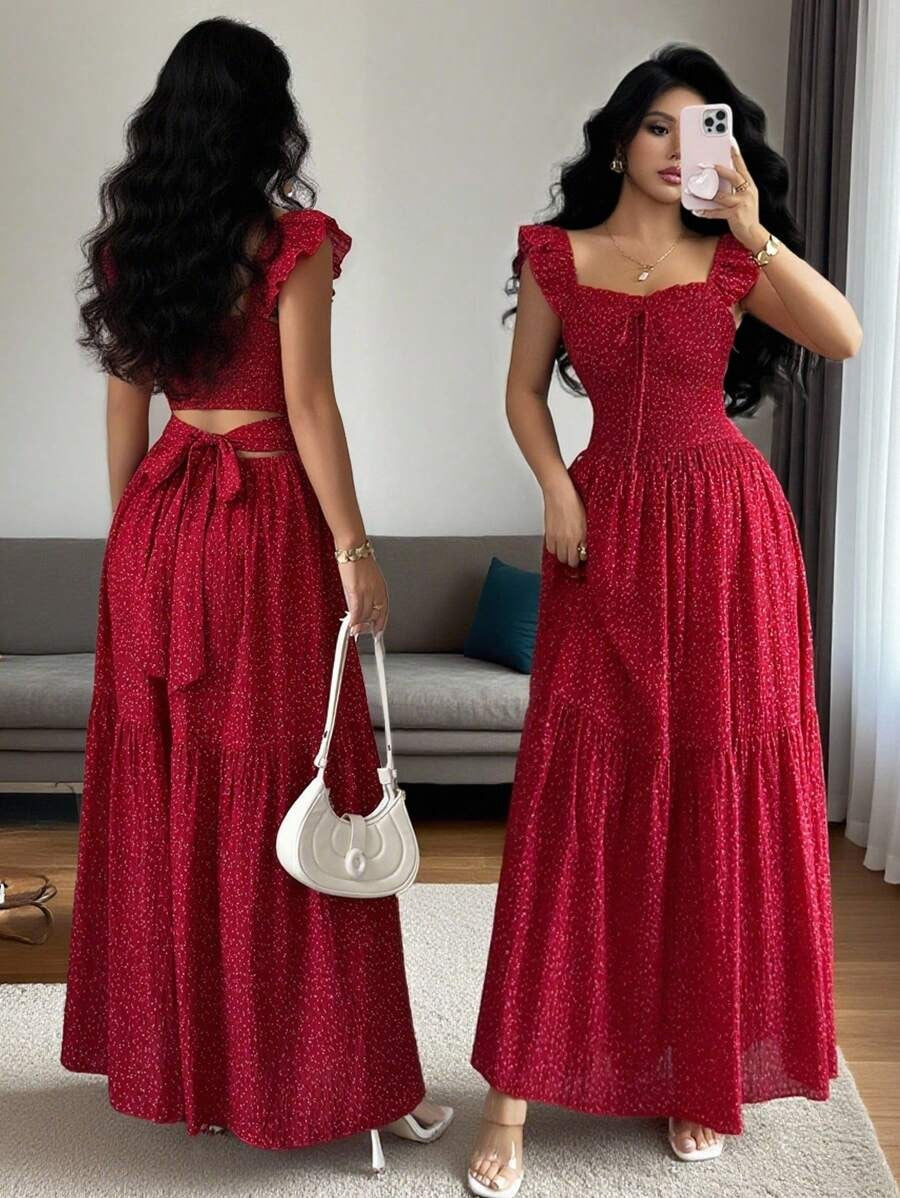 SHEIN Selianne فستان أحمر بطبعات زهور بربطة فيونكة من الظهر