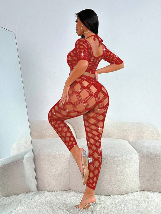SHEIN طقم داخلي قطعتين بلوزة مفتوحة على الصدر وبنطال طويل شفاف بلون عنابي