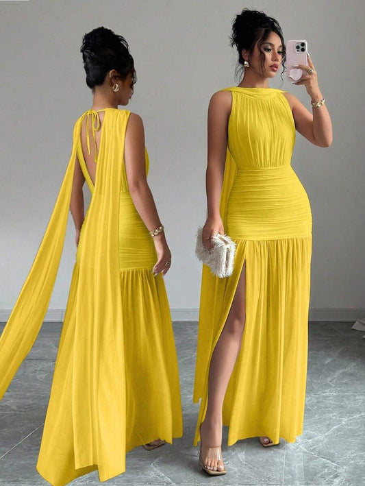 SHEIN Elenzga فستان اصفر بدون أكمام وظهر مكشوف
