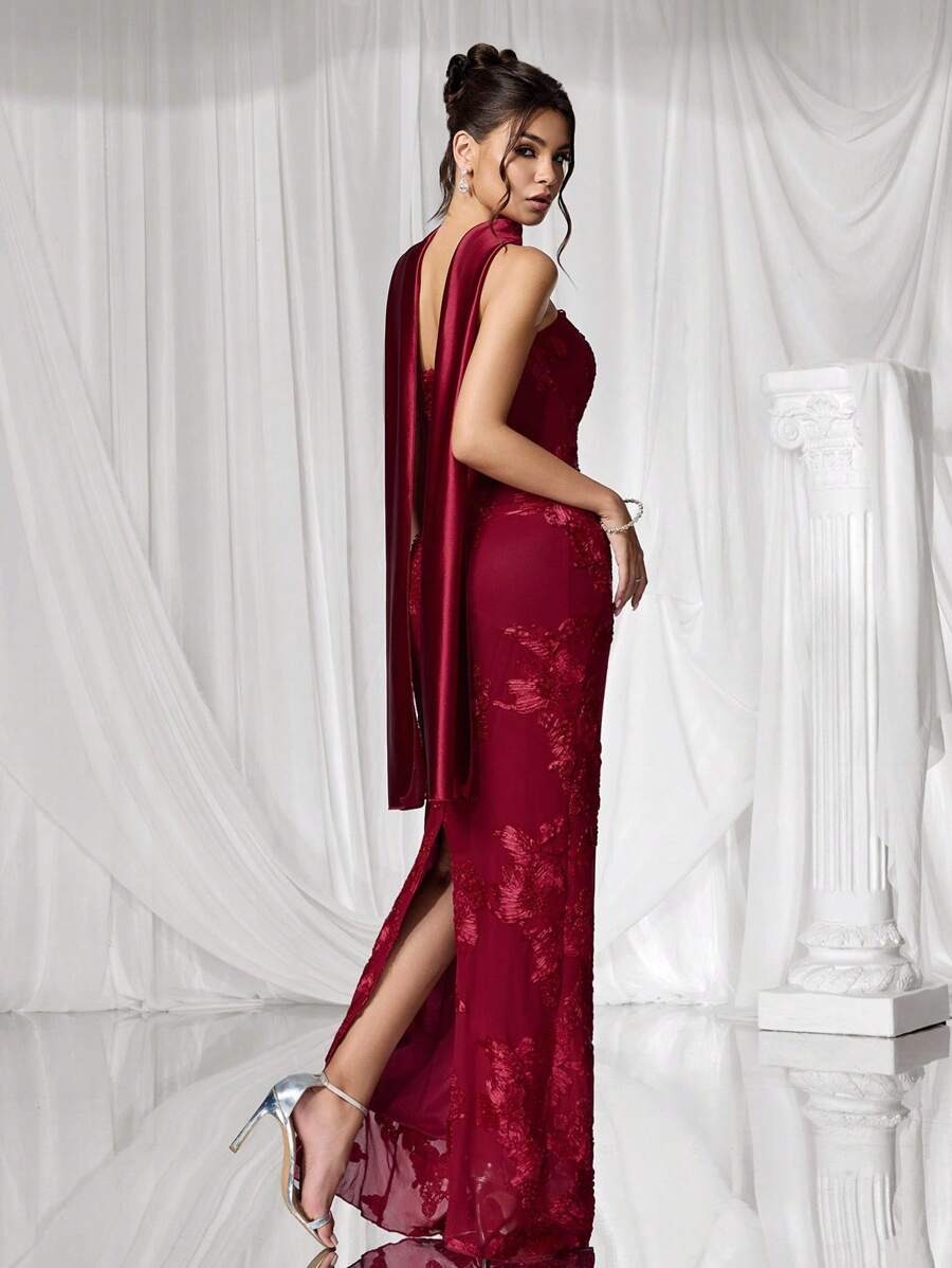 SHEIN Coutiva فستان سهرة أنيق بلون أحمر