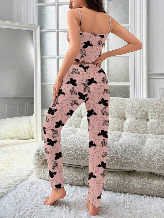 SHEIN طقم بيجامة فراشات نسائي كامي وبنطلون