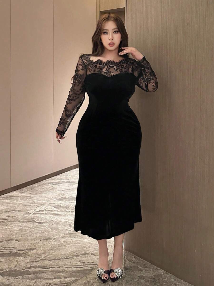 SHEIN Dazy Plus  فستان طويل أسود ضيق بتطريز دانتيل