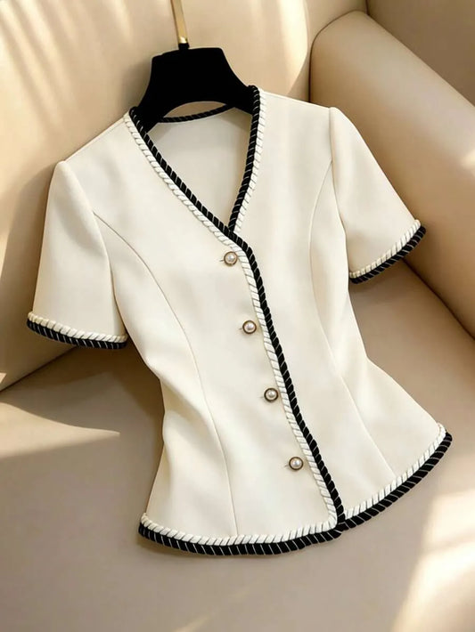 SHEIN Franclia V بلوزة نسائية بيج ضيقة بياقة  وأزرار معدنية