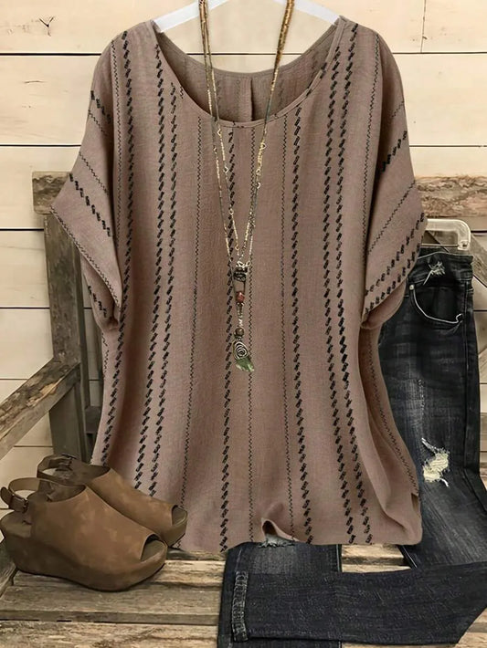 SHEIN قميص نسائي كاجوال بطبعة شريطية رجعية وياقة مستديرة وأكمام قصيرة