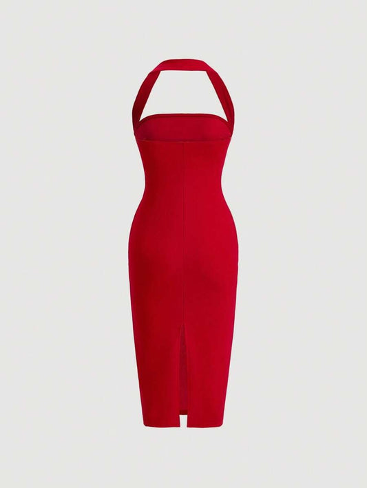 SHEIN Firerie فستان بوديكون احمر برقبة عميقة وبدون ظهر
