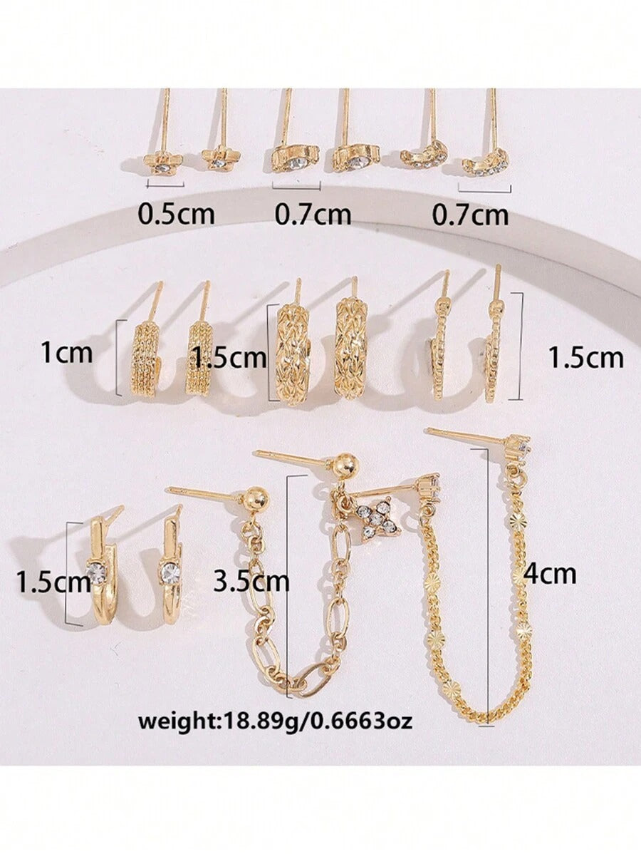 SHEIN طقم 9 أزواج أقراط مرصعة بالكريستال لون ذهبي