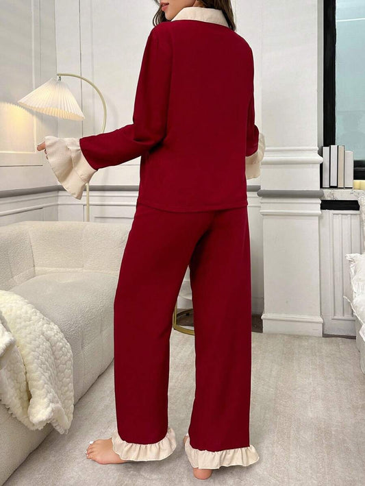 SHEIN طقم بيجامة عنابي بأكمام