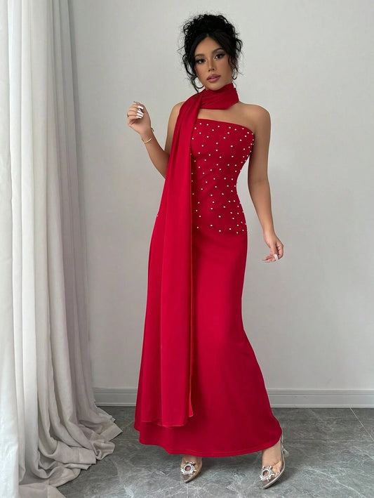 SHEIN Rafferiza فستان أحمر ماكسي طويل مزين بلؤلؤ