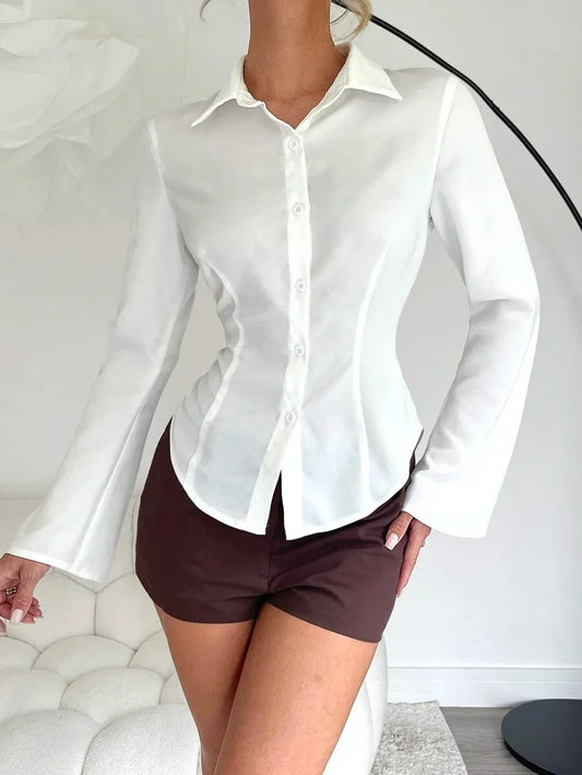 SHEIN Lumivelle قميص نسائي أبيض أنيق بأكمام منسدلة وقصة مخصرة