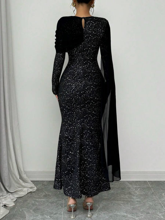 SHEIN Chiquease فستان سهرة أسود مزين بفصوص لامعة