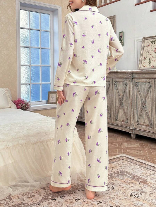 SHEIN CottageSlumber طقم بيجامةبلون أرجواني