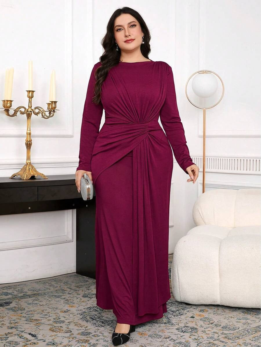 SHEIN Modelyn فستان عنابي طويل الأكمام مجعّد الخصر للمقاسات الكبيرة